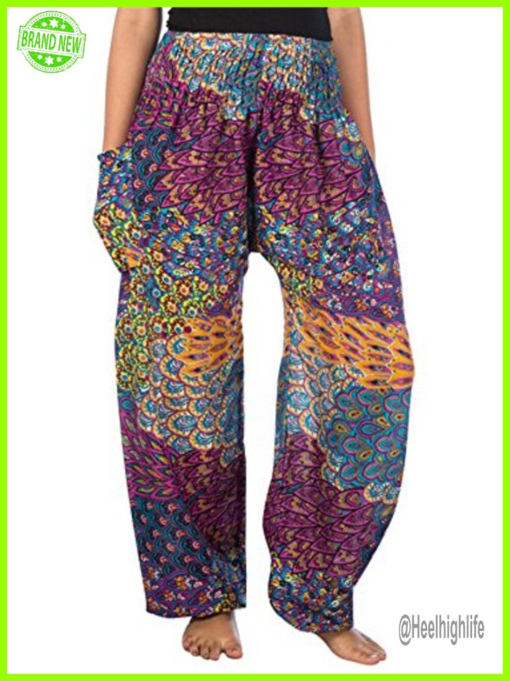 Women's Rayon Harem Hippie Pants Boho Elephant Print Smocked High Waist